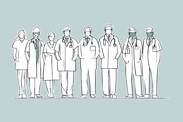 Sketch Diverse groepen artsen of gezondheidswerkers staan in de rij met uniformen en gezichtsmaskers tijdens de Covid-19 pandemie in vectorillustratie.