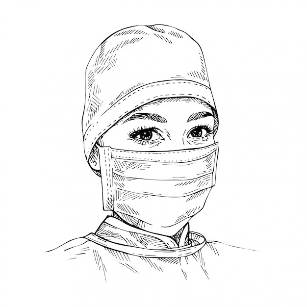 Vettore sketch medico che indossa maschera medica e berretto. protezione coronavirus. ritratto disegnato a mano di giovane dottoressa.