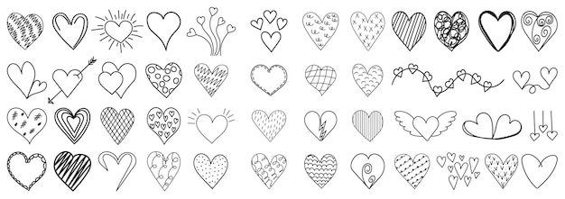 Sketch doodle contour line set of hearts isolated