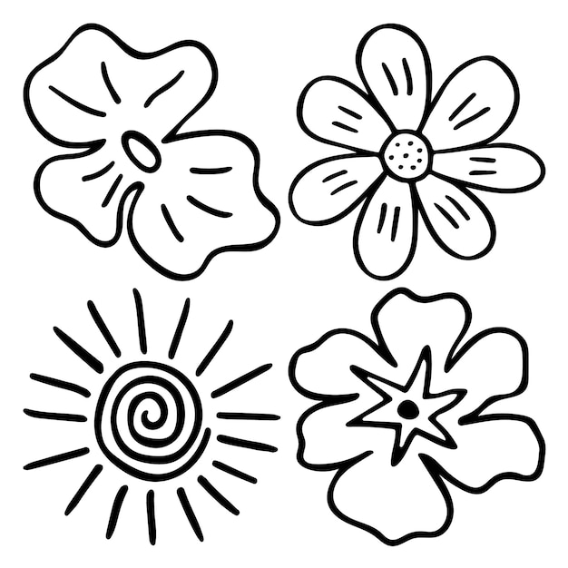Эскиз каракули очертания цветов Ручной рисунок бутонов растений во время цветения Силуэты лепестков