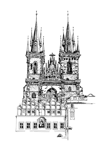 Vector sketch drawing of church our lady before tyn in prague