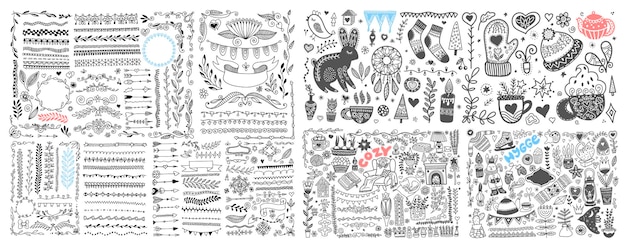 Vector sketch drawing cozy hygge scandinavian set divider and frame doodle vector collection