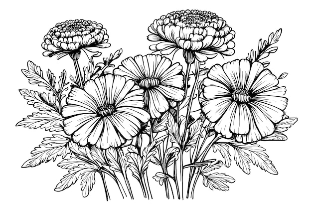 Sketch drawn bouquet of flowers calendula officinalis or marigold