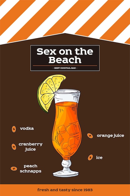 Sketch drawn illustration of cocktail Detailed recipe and ingredients Alcohol theme in vector