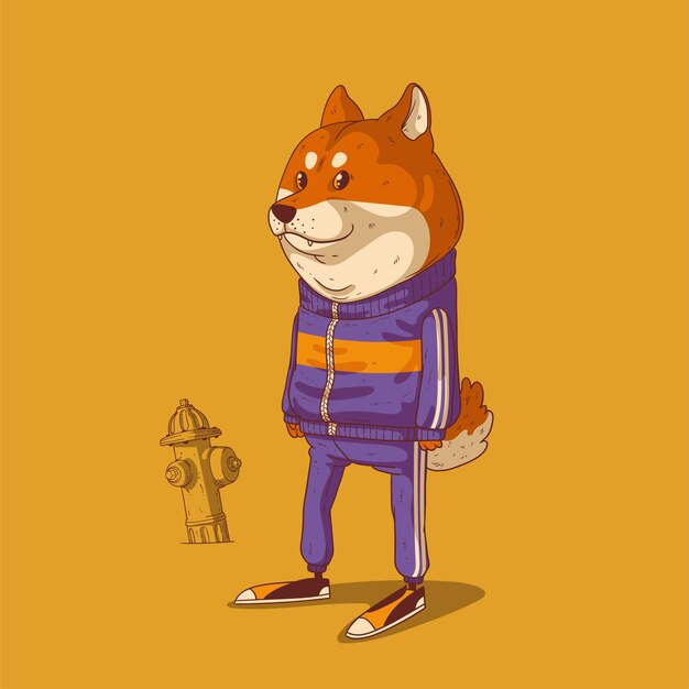 人間化された犬の描かれたベクトルイラストをスケッチします 擬人化された犬 人体とトレンディな動物キャラクター スポーツスーツとスニーカーを身に着けている立っている柴犬パンクが警戒している プレミアムベクター
