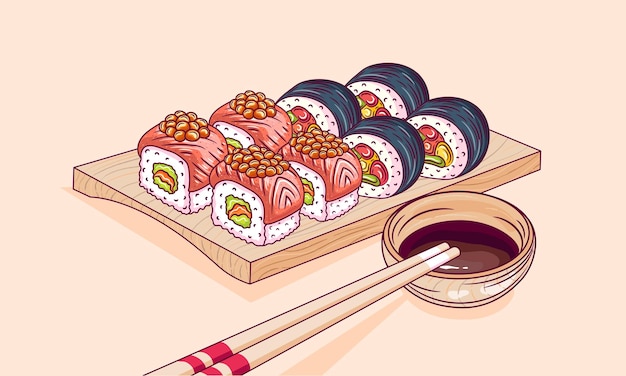 Schizzo disegnato illustrazione vettoriale di set di involtini di sushi e bacchette cafe poster cartello cucina asiatica menu decorazione annuncio banner design