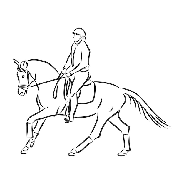 Uno schizzo di un cavaliere di dressage su un cavallo che esegue il mezzo passaggio.