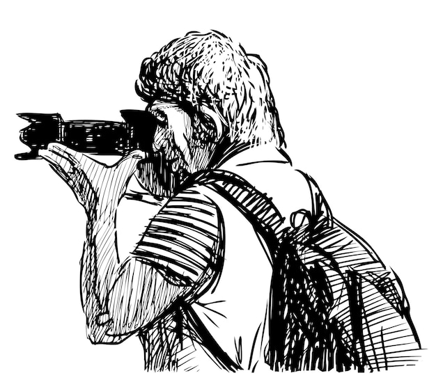 Sketch of elderly tourist photographing on camera