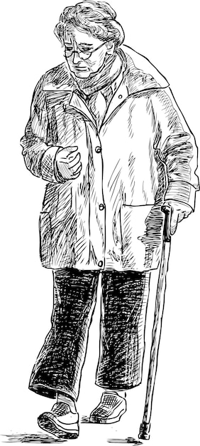 Vector sketch of an elderly woman on a walk