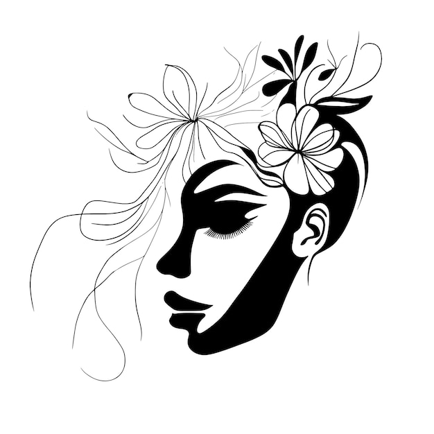 Disegna lo stile artistico del viso femminile con fiori tra i capelli e la linea del viso in stile elegante per le stampe