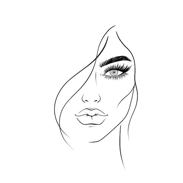 Vector sketch of face of young woman on white background