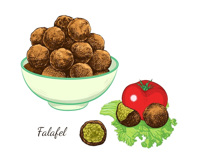 Vettore schizzo di falafel palline di falafel in una ciotola pomodoro e palline separate su una foglia di lattuga