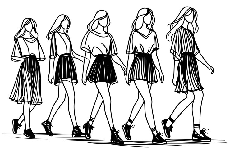 Vector sketch fashion girls in skirts walking