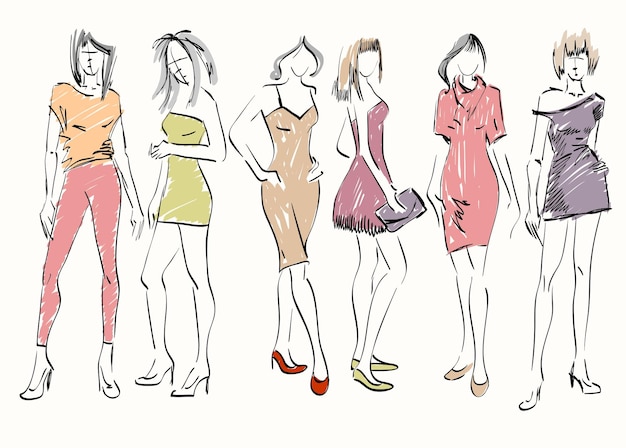 Sketch fashion models women show fashionable clothes