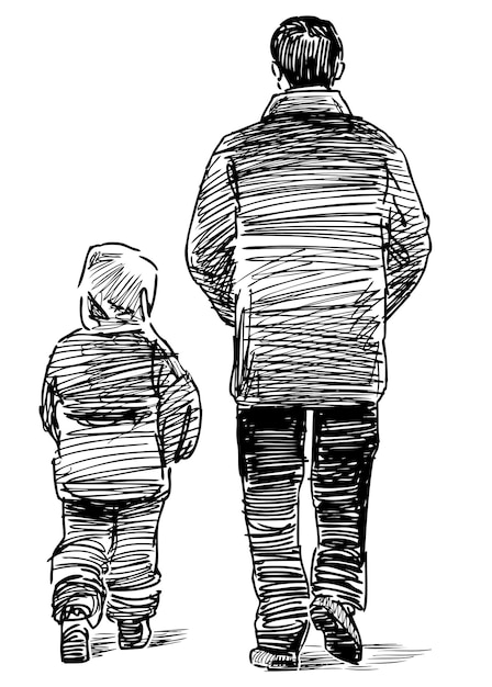 Sketch of a father with his little child walking together outdoors