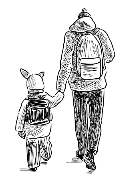Sketch of a father with his small child walking along street