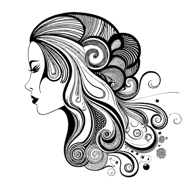 Sketch of female profile silhouette art hairstyle black and white design