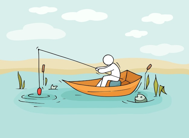 Vector sketch of fishman men sit in a boat.