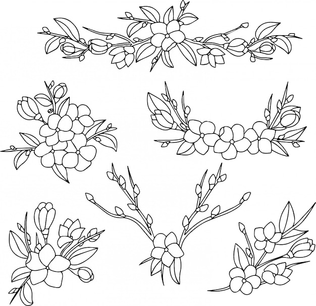 Vector sketch of floral decorative ornaments with blooming flowers