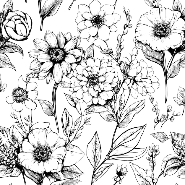 Vector sketch flowers floral pattern isolated on white background