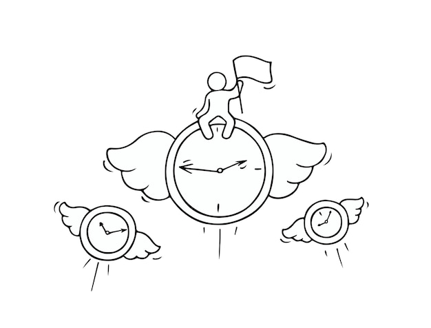 Sketch of flying clocks with little worker. Doodle cute miniature about leadership and deadline. Hand drawn cartoon vector illustration for business design.