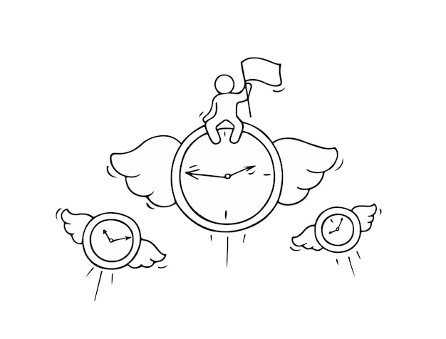 Sketch of flying clocks with little worker. doodle cute miniature about leadership and deadline. hand drawn cartoon vector illustration for business design.