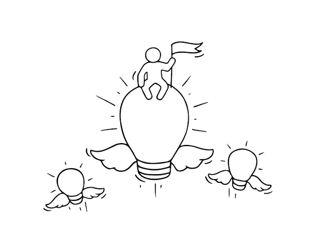 sketch of flying lamp ideas. doodle cute miniature scene of creative worker