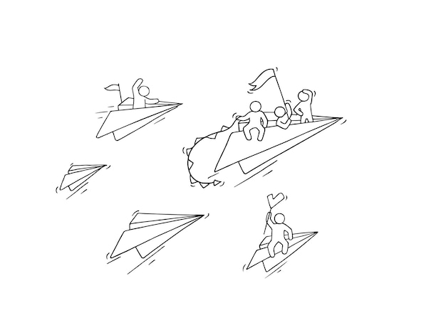 Sketch of flying paper plane with little workers. doodle cute miniature about leadership and discovery. hand drawn cartoon illustration for business and education