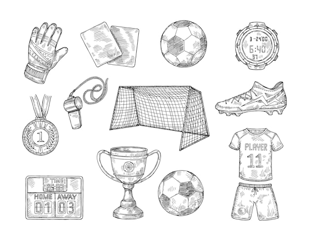 Vector sketch football elements hand drawn soccer ball sports uniform championship cup and soccer goal vector illustration set