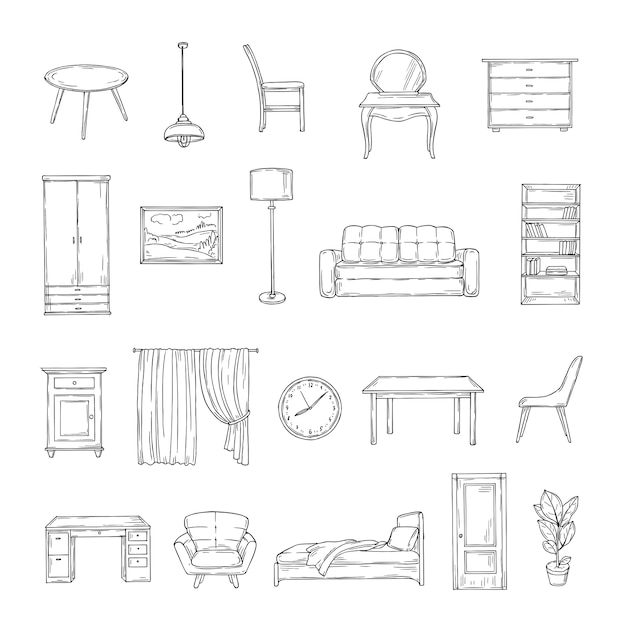 Sketch furniture. Bookcase and chairs, sofa and table, wardrobe and lamp home plants. Interior vintage hand drawn isolated elements. Furniture interior, table and sofa, chair and lamp illustraion