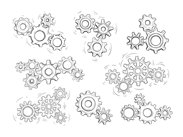 Vector sketch gears engineer work transmission motion and working gear mechanism hand drawn factory business team concept vector illustration set