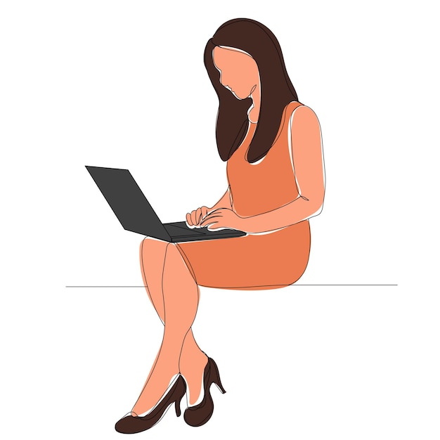 Vector sketch girl with laptop vector, isolated