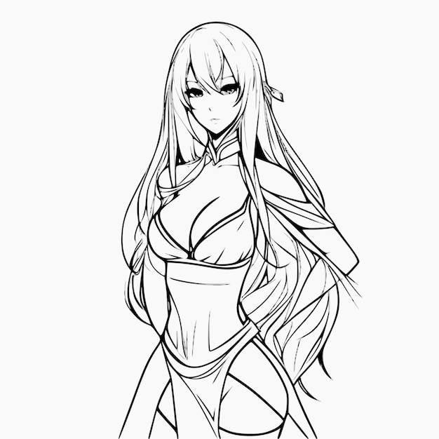 A sketch of a girl with long hair and a black hair.