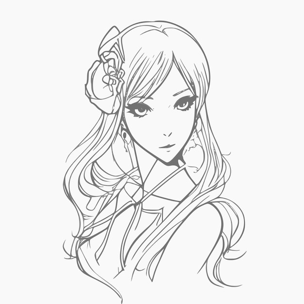 A sketch of a girl with long hair and a flower in her hair.