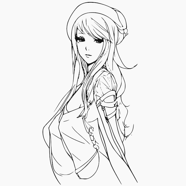 A sketch of a girl with long hair and a hat.