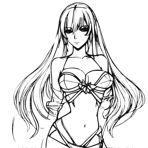 A sketch of a girl with long hair and a swimsuit that says'new year'on it