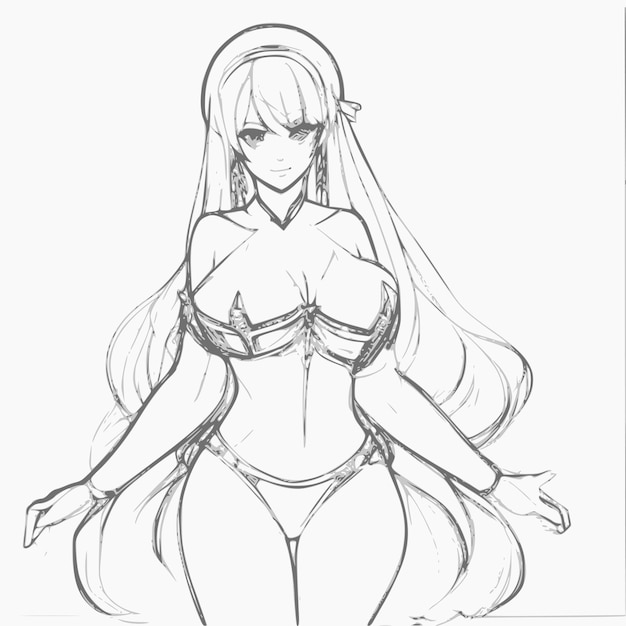 A sketch of a girl with long hair and a swimsuit.