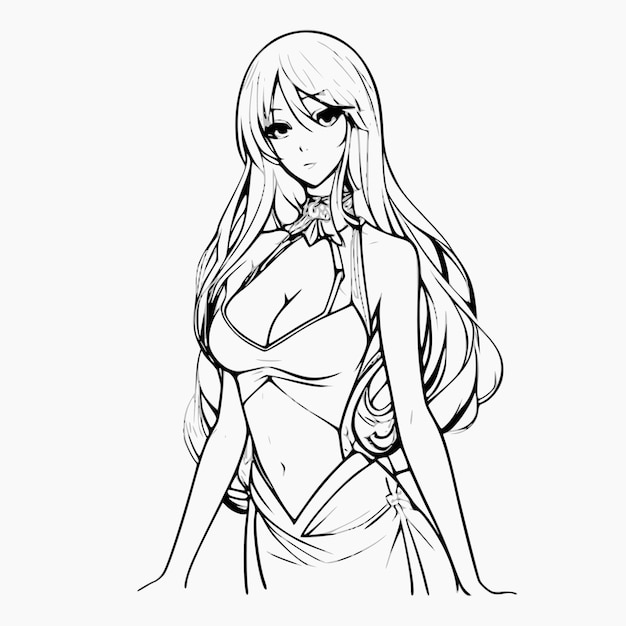 A sketch of a girl with long hair and a tank top.