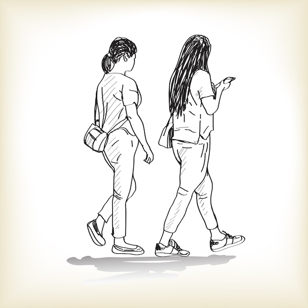 Schizzo di ragazze che camminano toccando tablet, illustrazione disegnata hnd