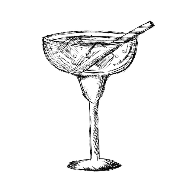 Schizzo di cocktail in bianco e nero disegnato a mano in vetro di schizzo