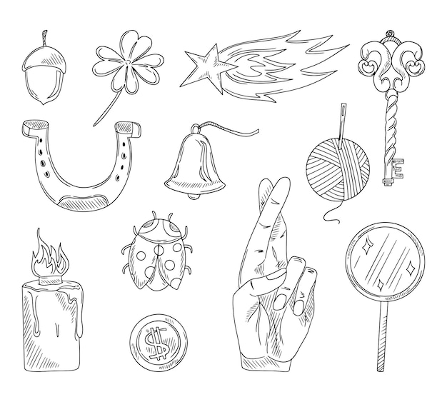 Vector sketch good luck symbol fortune success prosperity concept maneki neko horseshoe clover acorn evil eye star dice fig key mushroom ladybug talisman amulet