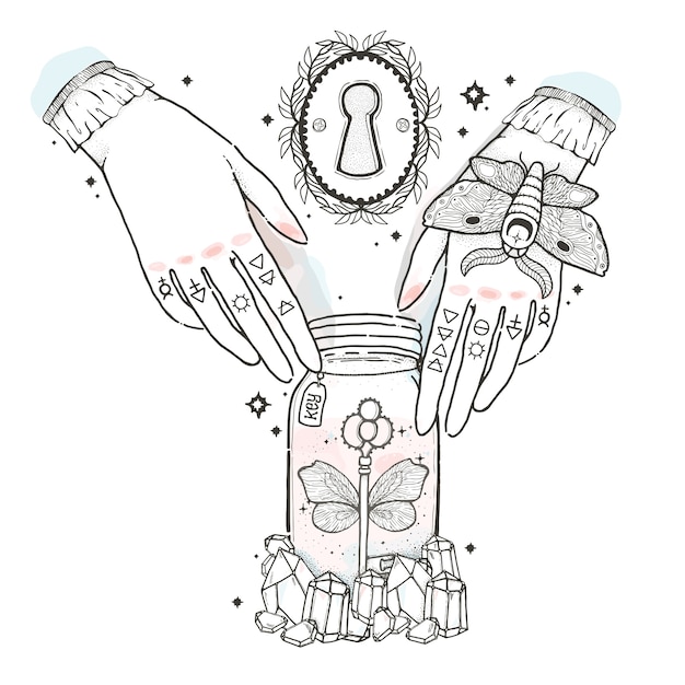 Sketch graphic illustration with mystic and occult hand drawn symbols. Hands reach for the keys to open the keyhole. 