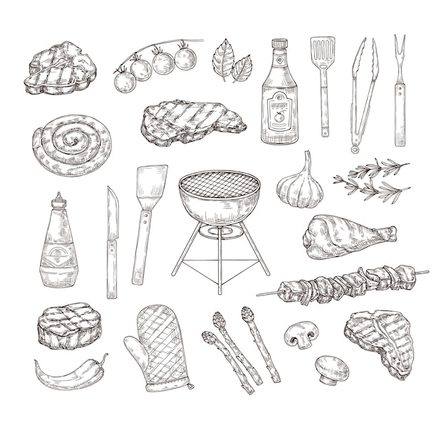 Sketch grill food bbq tools sauces and meat hand drawn engraving barbecue elements vector illustration set