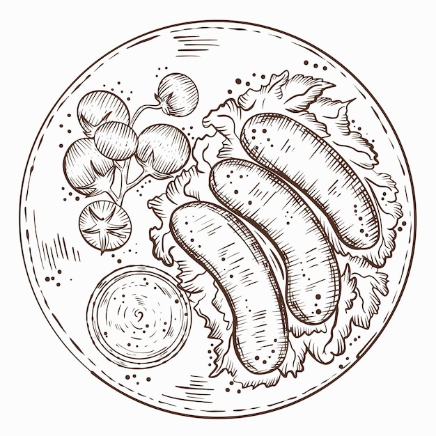 Sketch of grilled sausage with salad cherry tomatoes and sauce on a plate vector illustration