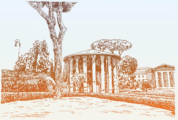 Sketch hand drawing of Rome Italy famous cityscape, travel card, vector illustration