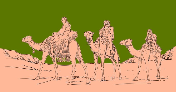 Vector sketch hand drawing silhouttes camel caravan on desert background on papercut style