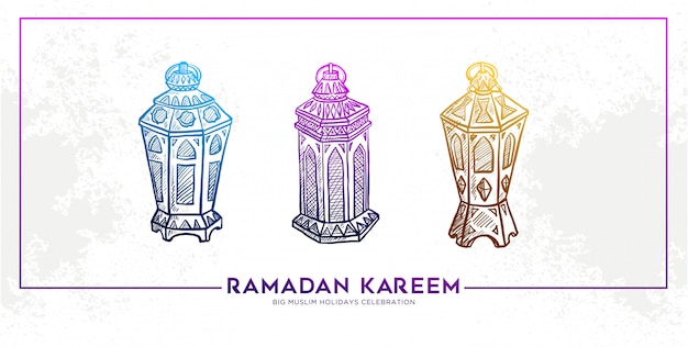 Sketch of hand drawn banner ramadan kareem lantern