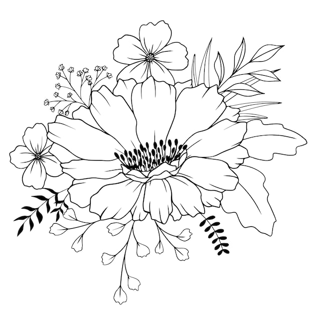Schizzo di un fiore a contorno nero disegnato a mano illustrazione di un fiore concettuale