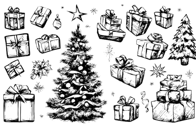 Sketch hand drawn christmas tree and presents vector illustration line art