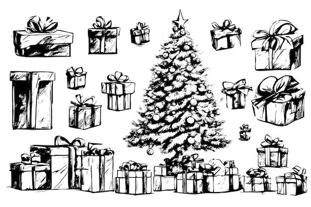 Sketch hand drawn christmas tree and presents vector illustration line art